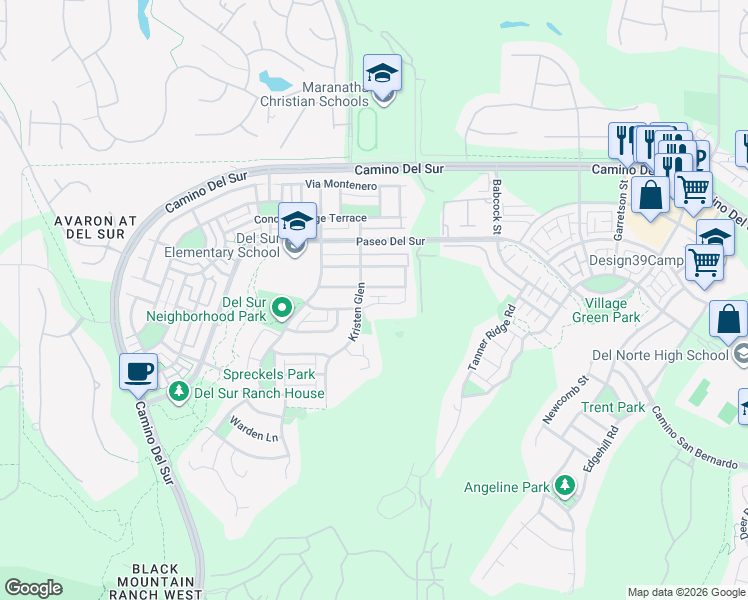map of restaurants, bars, coffee shops, grocery stores, and more near 8512 Old Stonefield Chase in San Diego