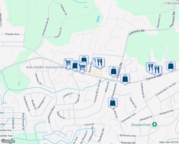 map of restaurants, bars, coffee shops, grocery stores, and more near 297 Droze Road in Summerville
