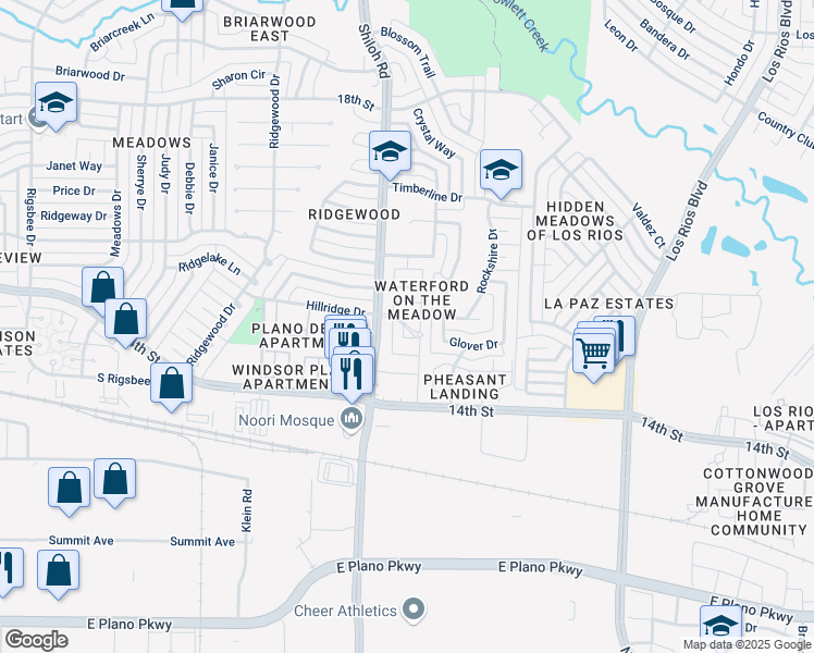 map of restaurants, bars, coffee shops, grocery stores, and more near 1414 Shiloh Road in Plano