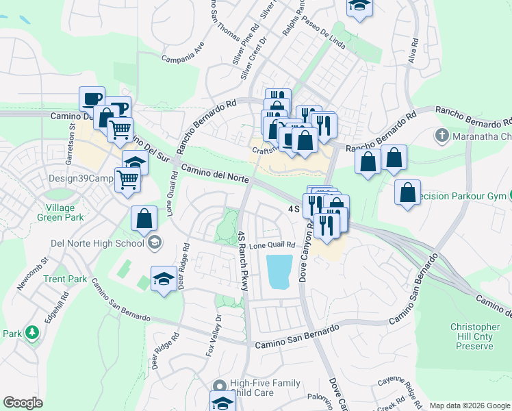 map of restaurants, bars, coffee shops, grocery stores, and more near 16758 Cimarron Crest Drive in San Diego