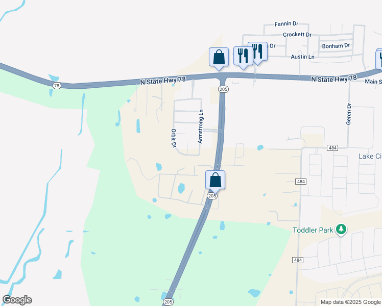 map of restaurants, bars, coffee shops, grocery stores, and more near 366 Schirra Court in Lavon