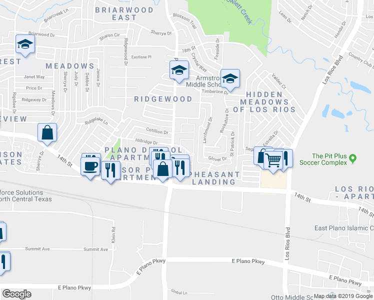 map of restaurants, bars, coffee shops, grocery stores, and more near 1414 Shiloh Road in Plano