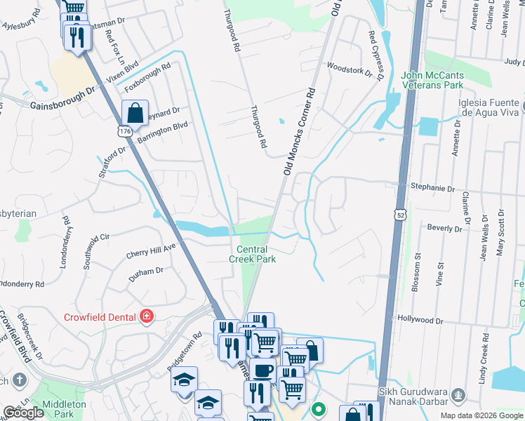 map of restaurants, bars, coffee shops, grocery stores, and more near 105 Parkside Drive in Goose Creek