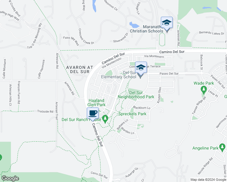 map of restaurants, bars, coffee shops, grocery stores, and more near 15569 Bristol Ridge Terrace in San Diego