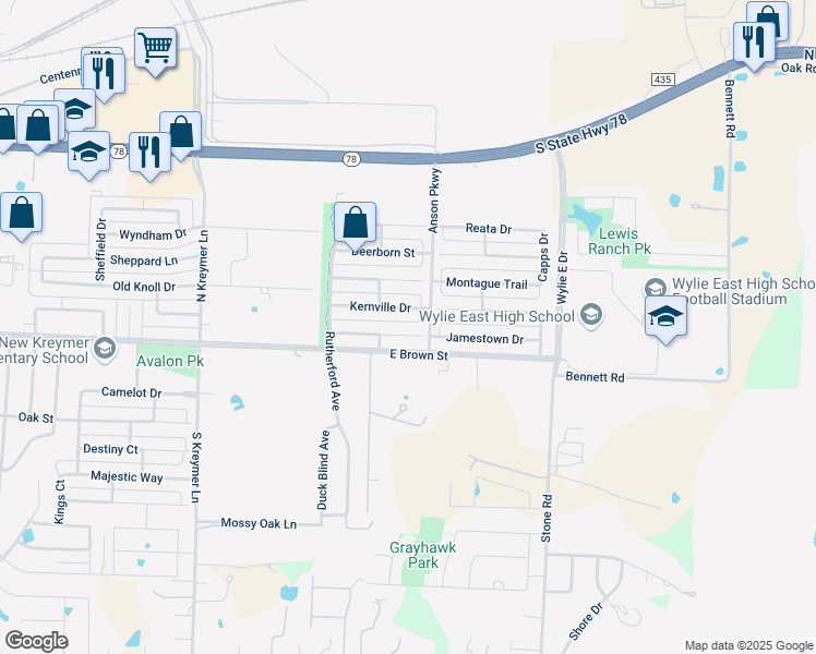 map of restaurants, bars, coffee shops, grocery stores, and more near 2802 Gold Hill Drive in Wylie