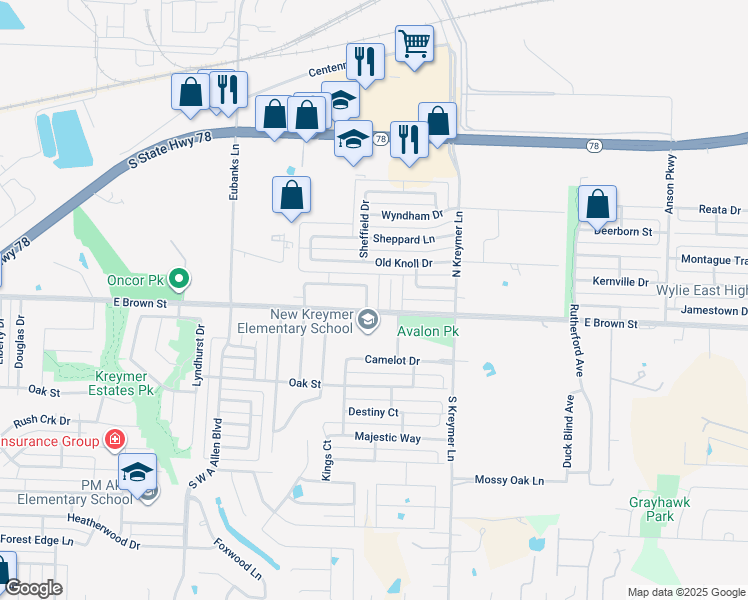map of restaurants, bars, coffee shops, grocery stores, and more near 202 Wyndham Meadows Way in Wylie