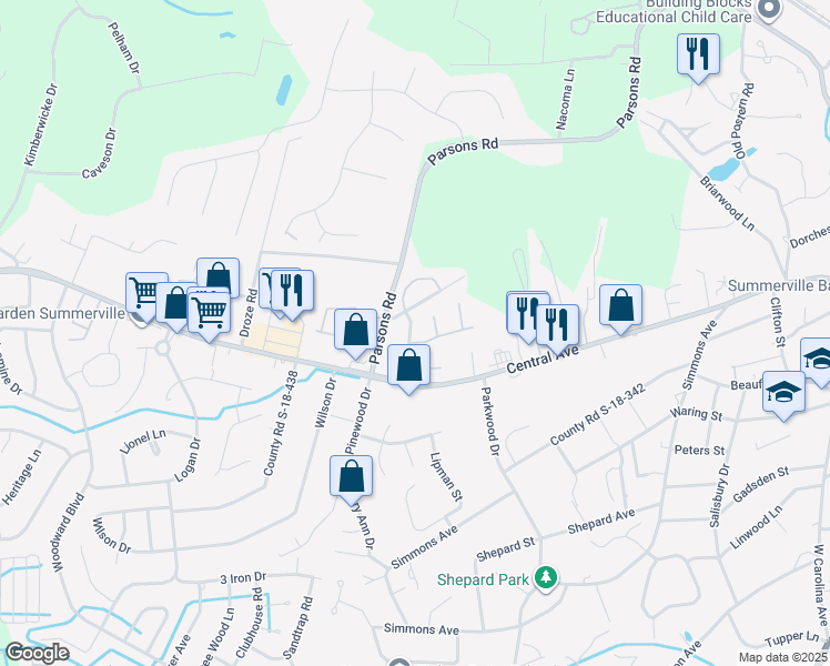 map of restaurants, bars, coffee shops, grocery stores, and more near 108B Woodduck Drive in Summerville