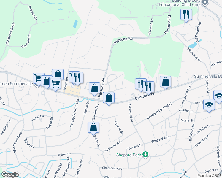map of restaurants, bars, coffee shops, grocery stores, and more near 108 Woodduck Drive in Summerville