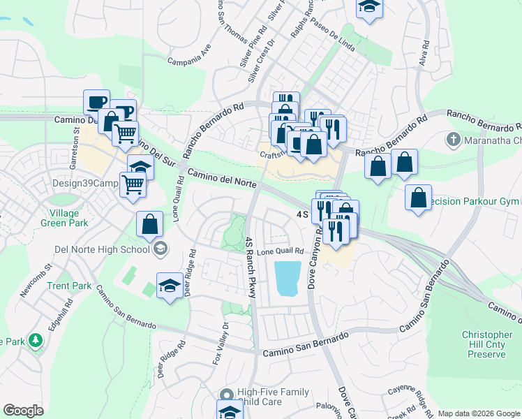 map of restaurants, bars, coffee shops, grocery stores, and more near 10109 Prairie Fawn Drive in San Diego