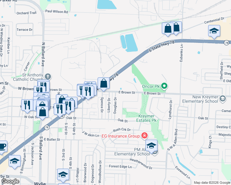 map of restaurants, bars, coffee shops, grocery stores, and more near 225 Douglas Drive in Wylie