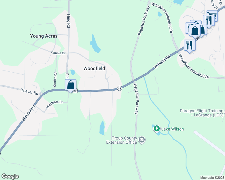map of restaurants, bars, coffee shops, grocery stores, and more near 2639 West Point Road in LaGrange
