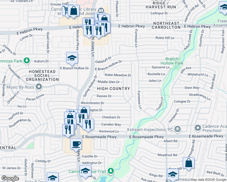 map of restaurants, bars, coffee shops, grocery stores, and more near 1937 Sussex Drive in Carrollton