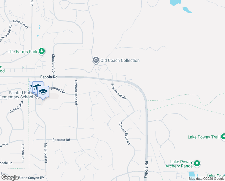 map of restaurants, bars, coffee shops, grocery stores, and more near 16490 Bridlewood Road in Poway