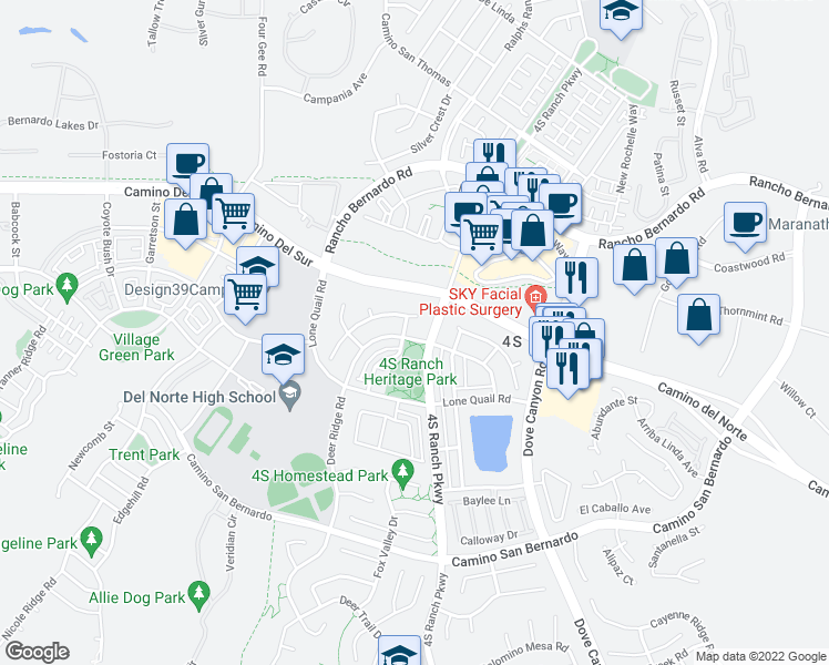 map of restaurants, bars, coffee shops, grocery stores, and more near 16695 Honeybrook Avenue in San Diego