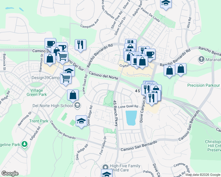map of restaurants, bars, coffee shops, grocery stores, and more near 16695 Honeybrook Avenue in San Diego