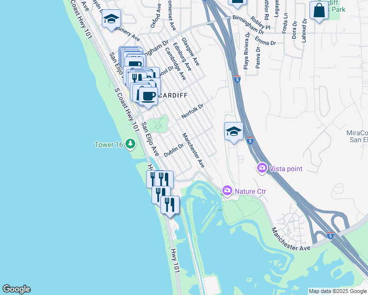 map of restaurants, bars, coffee shops, grocery stores, and more near 2445 Newcastle Avenue in Encinitas
