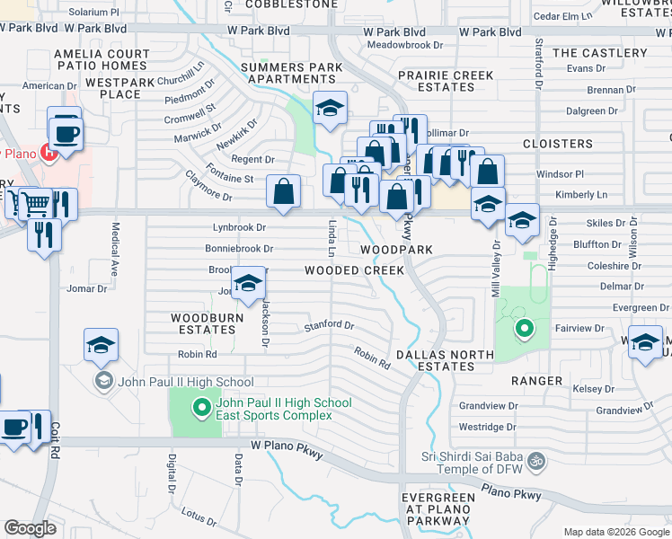 map of restaurants, bars, coffee shops, grocery stores, and more near 3021 Jomar Drive in Plano