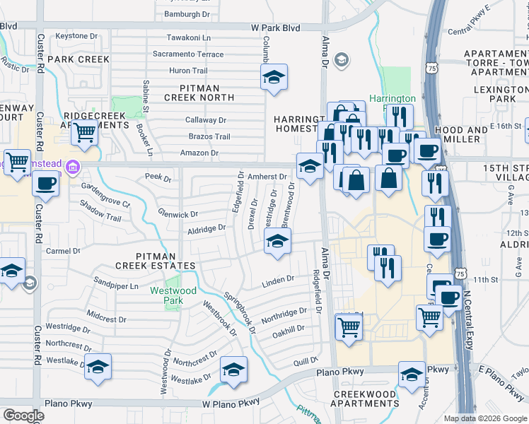 map of restaurants, bars, coffee shops, grocery stores, and more near 1119 Crestridge Drive in Plano