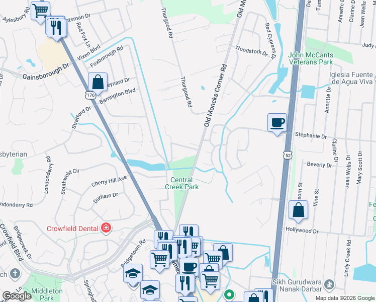 map of restaurants, bars, coffee shops, grocery stores, and more near 105 Parkside Drive in Goose Creek