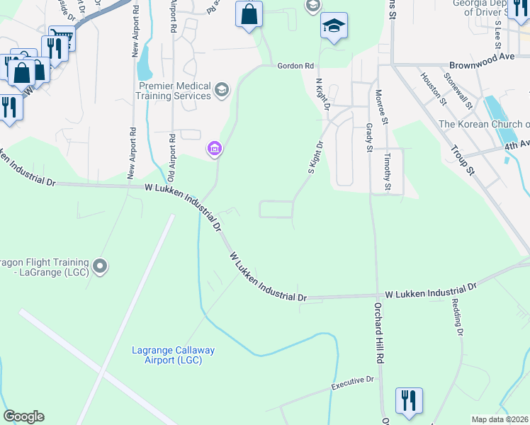 map of restaurants, bars, coffee shops, grocery stores, and more near 87 Kight Circle in LaGrange