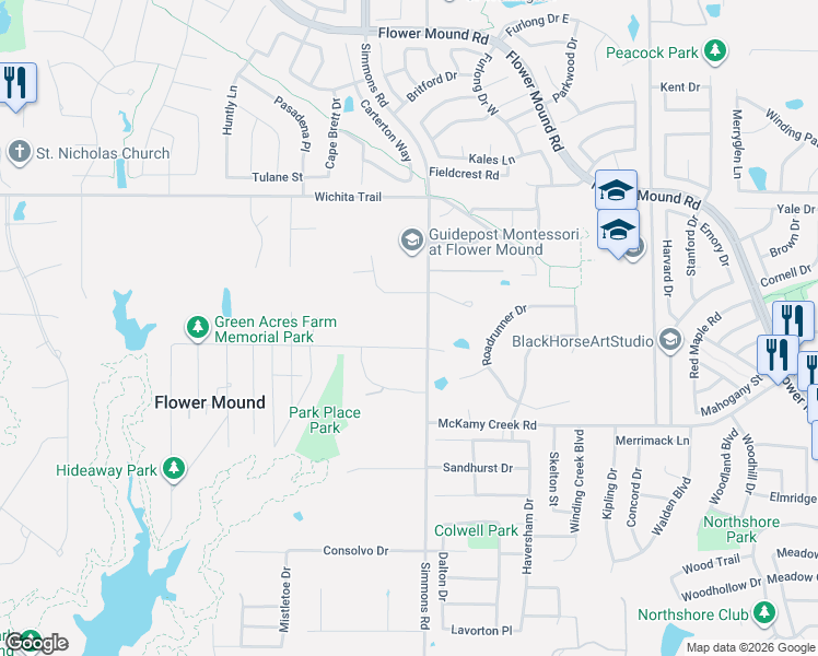 map of restaurants, bars, coffee shops, grocery stores, and more near 3800 Hide-A-Way Lane in Flower Mound