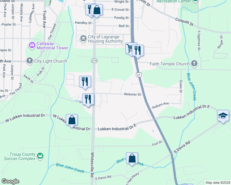 map of restaurants, bars, coffee shops, grocery stores, and more near 125 Webster Street in LaGrange