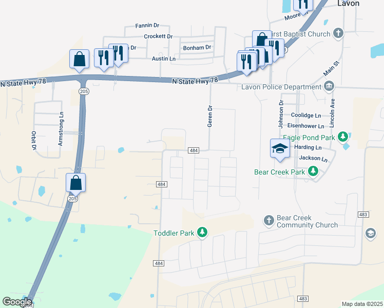 map of restaurants, bars, coffee shops, grocery stores, and more near 503 Svenson Lane in Lavon