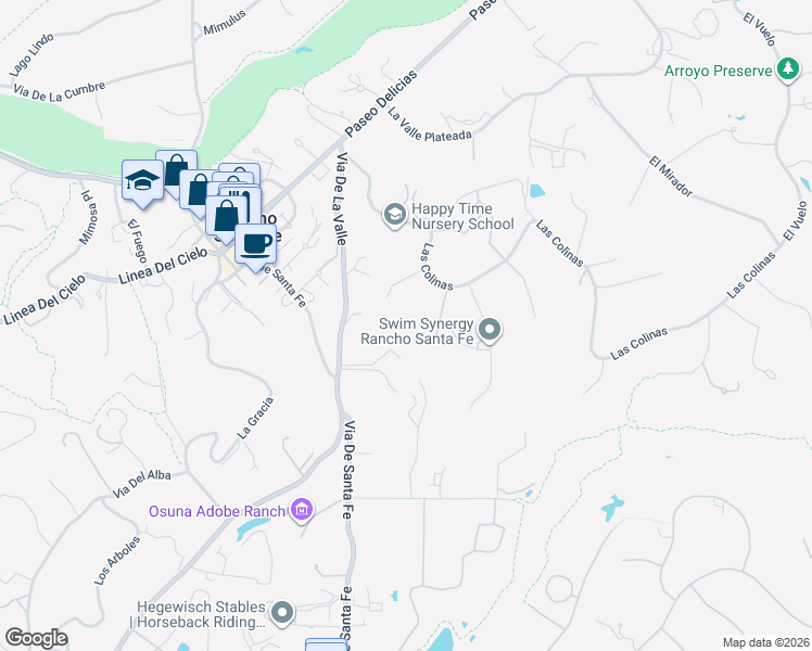 map of restaurants, bars, coffee shops, grocery stores, and more near 6455 Las Colinas in Rancho Santa Fe
