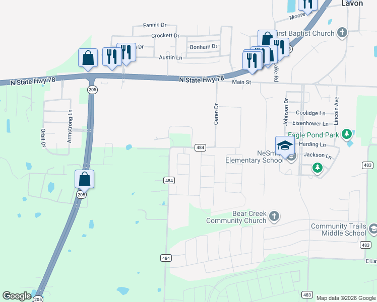 map of restaurants, bars, coffee shops, grocery stores, and more near 738 Brookline Drive in Lavon