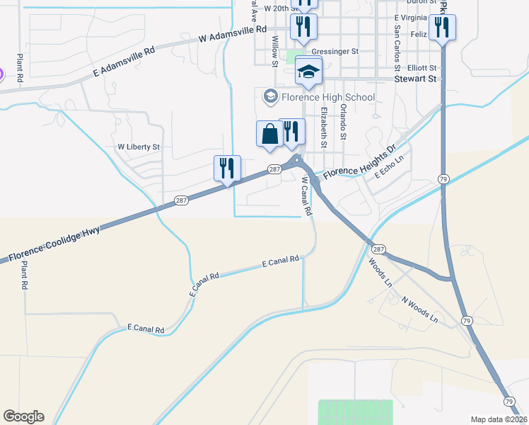 map of restaurants, bars, coffee shops, grocery stores, and more near 315 West Campbell Avenue in Florence
