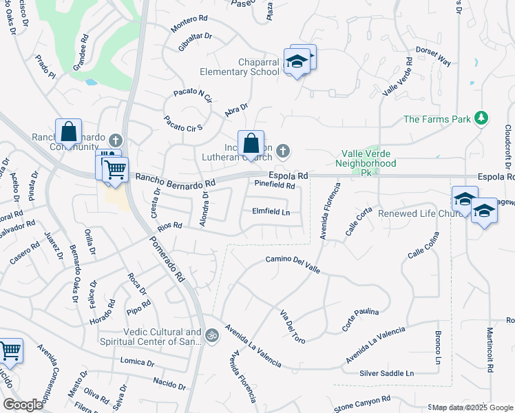 map of restaurants, bars, coffee shops, grocery stores, and more near 12842 Rios Road in Poway