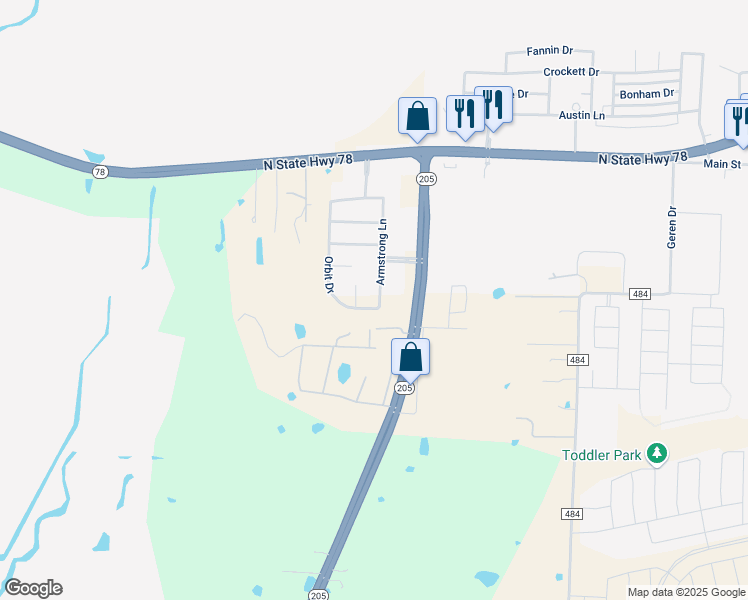 map of restaurants, bars, coffee shops, grocery stores, and more near 357 Armstrong Lane in Lavon