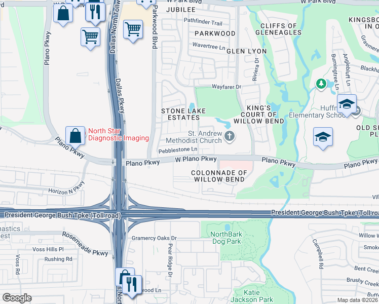 map of restaurants, bars, coffee shops, grocery stores, and more near 5900 West Plano Parkway in Plano