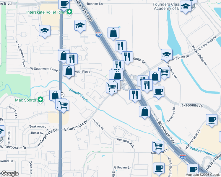 map of restaurants, bars, coffee shops, grocery stores, and more near 397 East Southwest Parkway in Lewisville