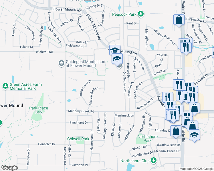 map of restaurants, bars, coffee shops, grocery stores, and more near 2208 Condor Street in Flower Mound