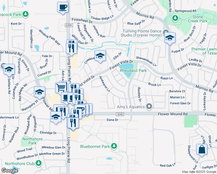 map of restaurants, bars, coffee shops, grocery stores, and more near 2304 Amhearst Lane in Flower Mound