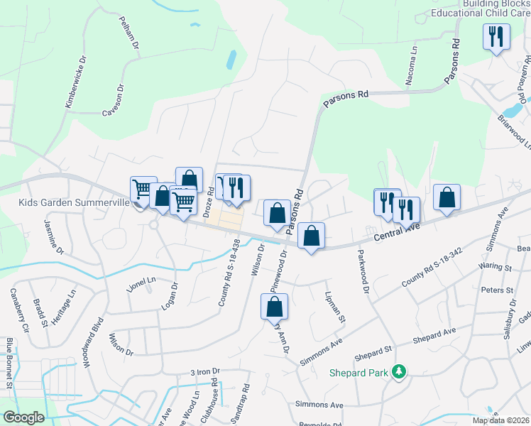 map of restaurants, bars, coffee shops, grocery stores, and more near 712 Hemingway Circle in Summerville