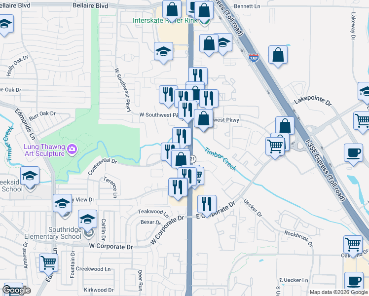 map of restaurants, bars, coffee shops, grocery stores, and more near 1901 South State Highway 121 in Lewisville