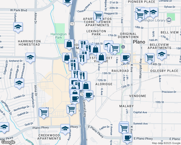map of restaurants, bars, coffee shops, grocery stores, and more near 1224 13th/14th Connector in Plano