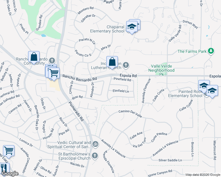 map of restaurants, bars, coffee shops, grocery stores, and more near 12724 Summerfield Lane in Poway