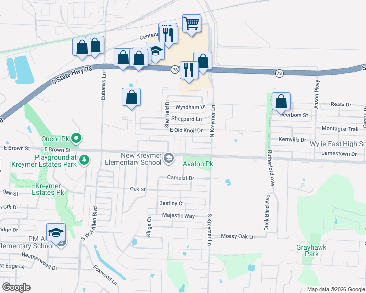 map of restaurants, bars, coffee shops, grocery stores, and more near 203 Piccadilly Circle in Wylie
