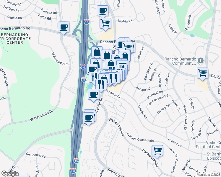 map of restaurants, bars, coffee shops, grocery stores, and more near 11902 Paseo Lucido in San Diego