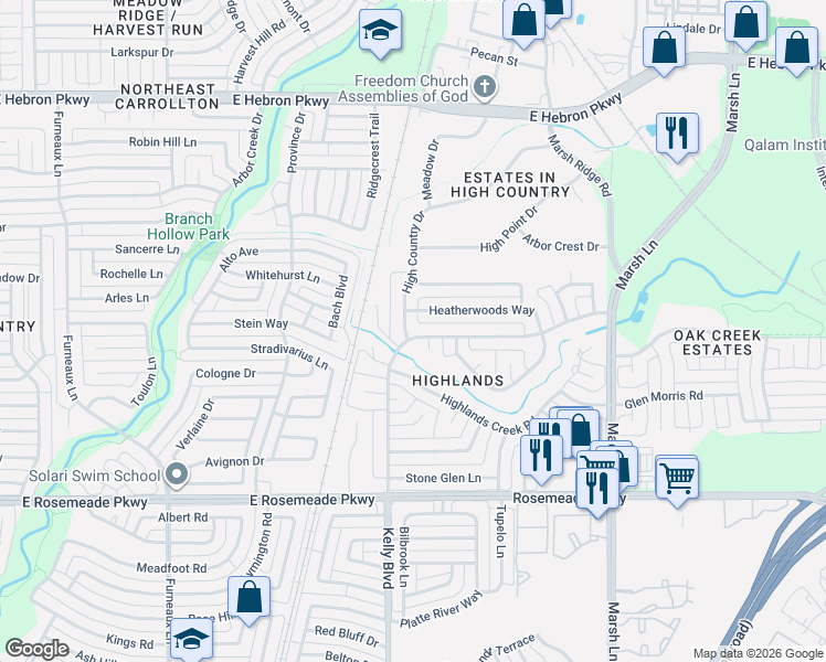 map of restaurants, bars, coffee shops, grocery stores, and more near 3802 Kelly Boulevard in Carrollton