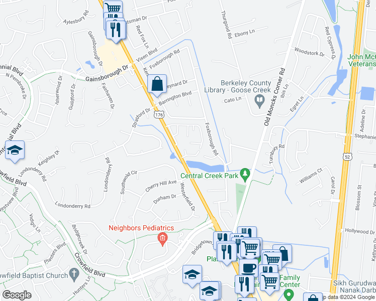map of restaurants, bars, coffee shops, grocery stores, and more near 339 Saint James Avenue in Goose Creek
