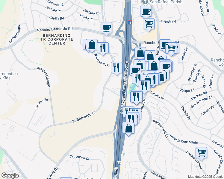 map of restaurants, bars, coffee shops, grocery stores, and more near 16785 West Bernardo Drive in San Diego