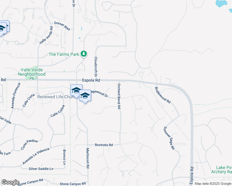 map of restaurants, bars, coffee shops, grocery stores, and more near 16820 Orchard Bend Road in Poway