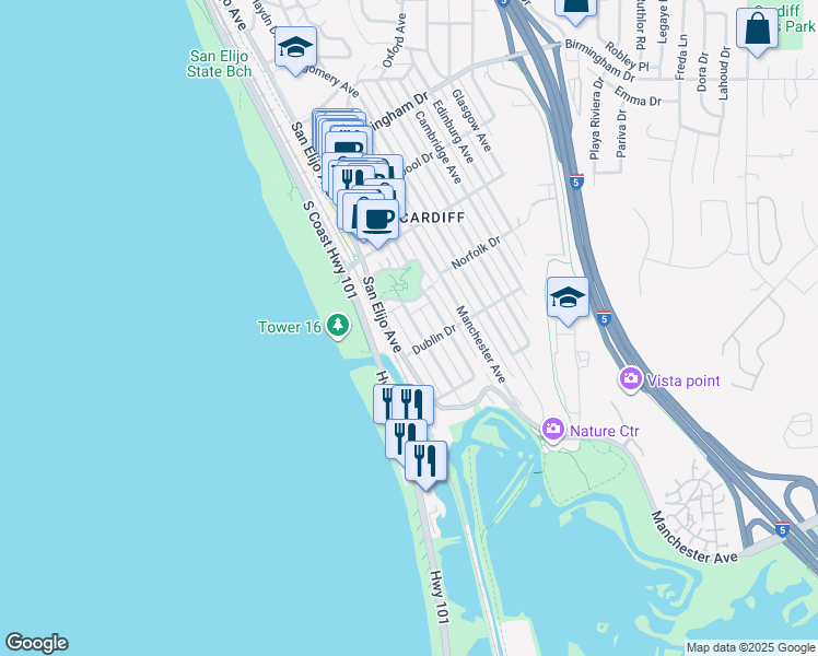 map of restaurants, bars, coffee shops, grocery stores, and more near 2358 Newport Avenue in Encinitas