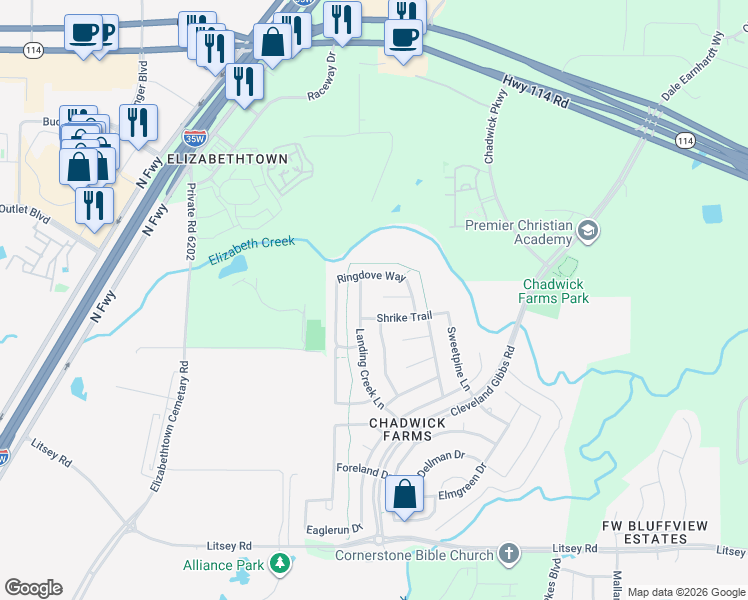 map of restaurants, bars, coffee shops, grocery stores, and more near 15700 Ringdove Way Court in Roanoke