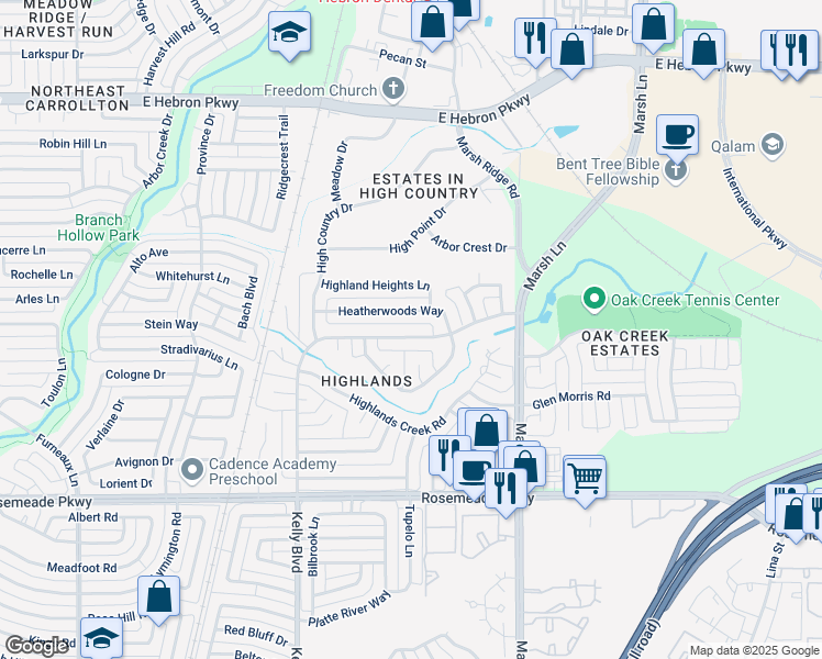 map of restaurants, bars, coffee shops, grocery stores, and more near 3846 Kelly Boulevard in Carrollton