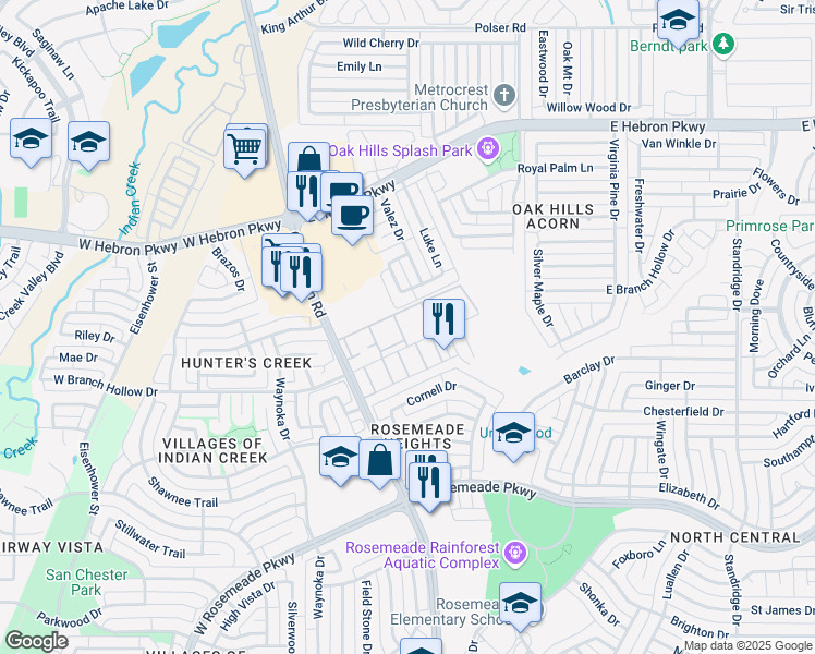 map of restaurants, bars, coffee shops, grocery stores, and more near 3830 Old Denton Road in Carrollton